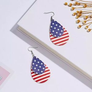 Leather American Flag Tear Drop Earrings